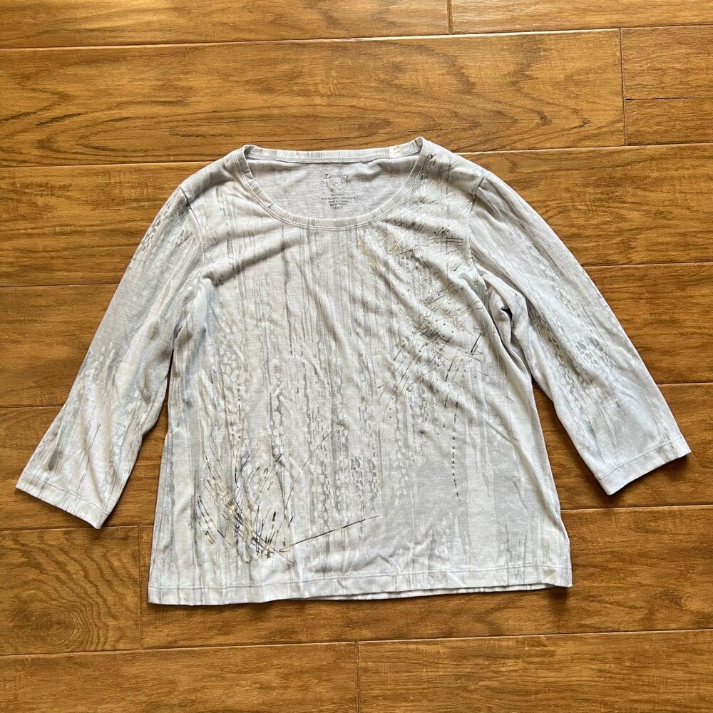 Chico's Zenergy Metallic Rhinestone 3/4 Sleeve Tee Size 2 (L) Silver/Gray